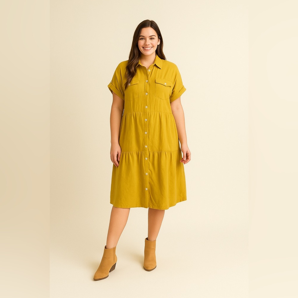 ODDY Ruffle Tier Yellow Button Front Dress - Women's Large NWT